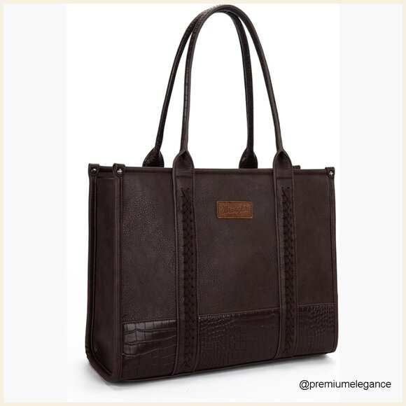 Handbags - Large Vegan Leather Western Tote Bag with Detachable Crossbody Strap